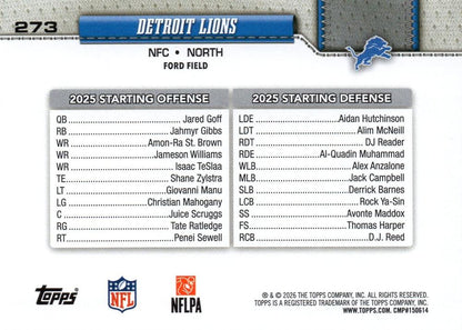 2026 Topps Flagship Team Card #273 Detroit Lions