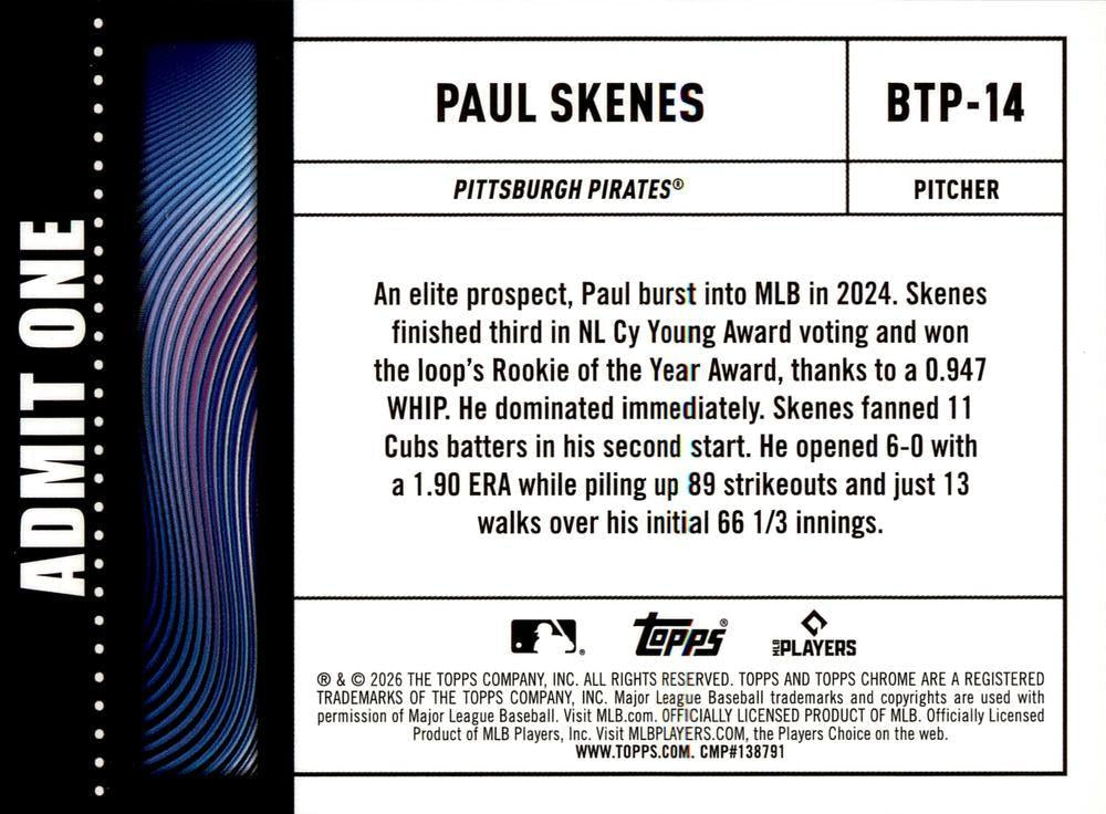 2026 Topps Chrome Big Ticket Players Paul Skenes #BTP-14 Pittsburgh Pirates