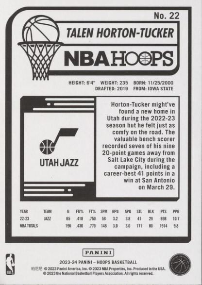 2023 Panini Hoops Talen Horton-Tucker #22 Utah Jazz