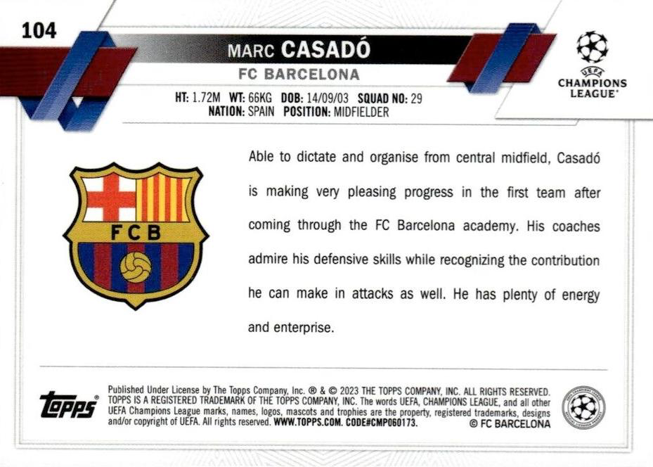 2022 Topps Chrome UCC Marc Casadó RC #104 FC Barcelona