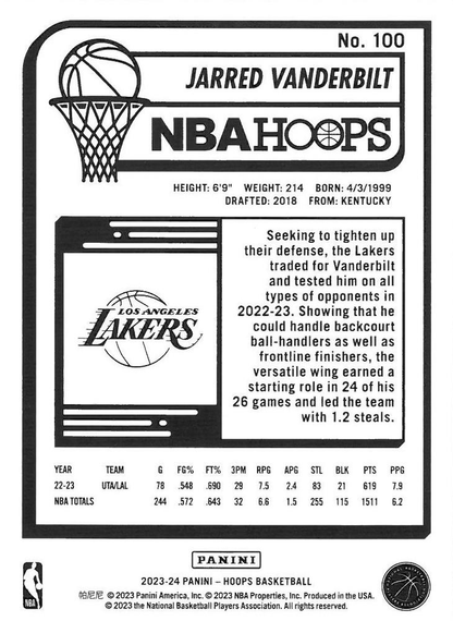 2023 Panini Hoops Jarred Vanderbilt #100 Los Angeles Lakers