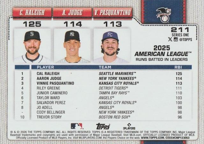 2026 Topps Series 1 American League Leaders RBI (Pasquantino / Raleigh / Judge) LL #211