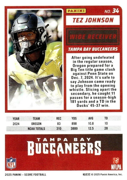 2025 Panini Score Tez Johnson RC #34 Tampa Bay Buccaneers