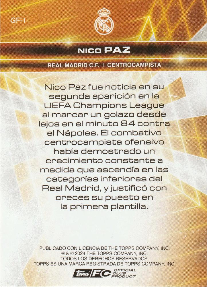 2024 Topps Real Madrid Fan Set Golden Future Nico Paz #GF-1 Real Madrid CF
