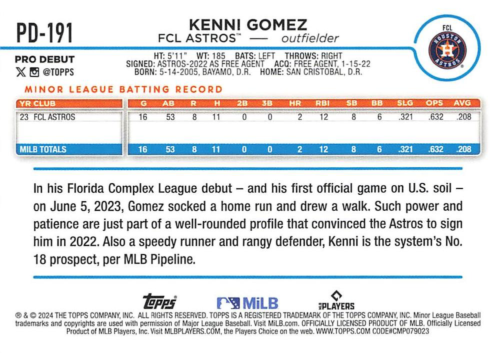 2024 Topps Pro Debut Kenni Gomez #PD-191 FCL Astros