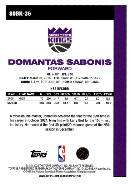 2025 Topps NBA 1980-81 Topps Basketball Domantas Sabonis 80BK-36 Sacramento Kings