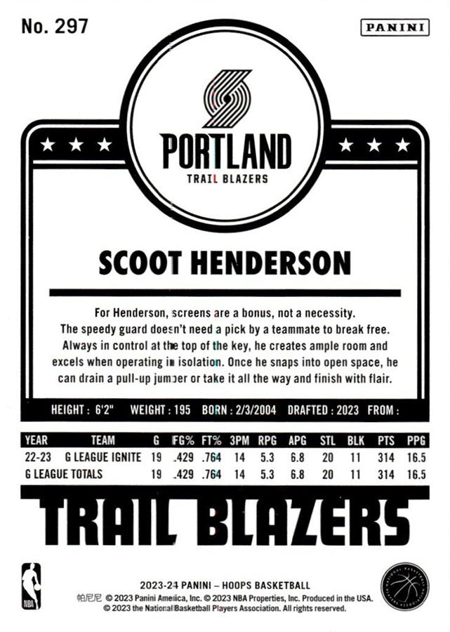 2023 Panini Hoops Hoops Tribute RC Scoot Henderson #297 Portland Trail Blazers