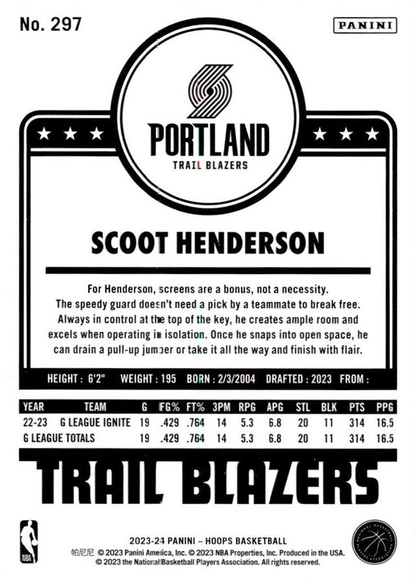 2023 Panini Hoops Hoops Tribute RC Scoot Henderson #297 Portland Trail Blazers