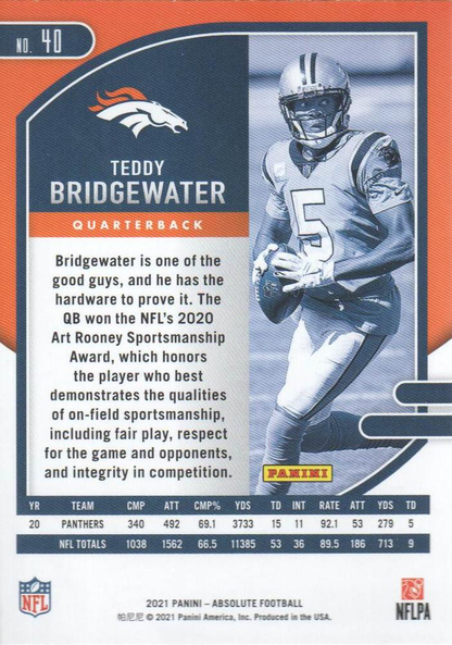 2021 Panini Absolute Retail Teddy Bridgewater #40 Denver Broncos