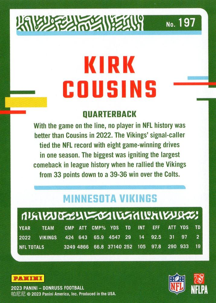 2023 Panini Donruss Kirk Cousins #197 Minnesota Vikings