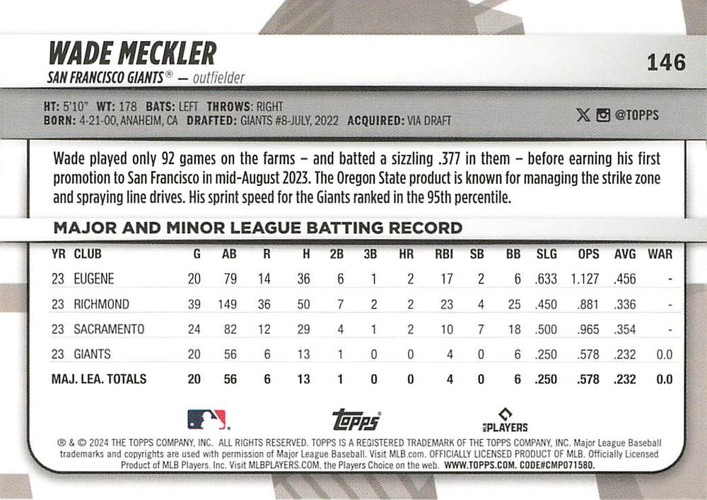 2024 Topps Big League Common Wade Meckler RC San Francisco Giants #146