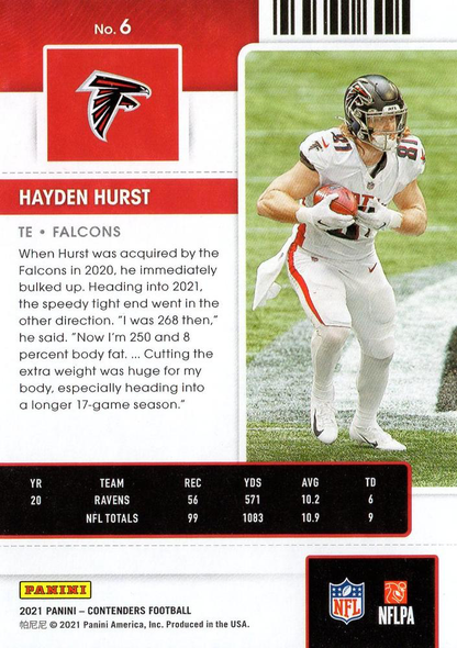 2021 Panini Contenders Hayden Hurst Atlanta Falcons #6