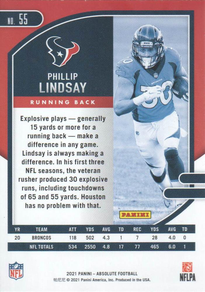 2021 Panini Absolute Retail Phillip Lindsay #55 Houston Texans