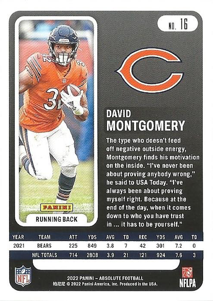 2022 Panini Absolute David Montgomery #16 Chicago Bears