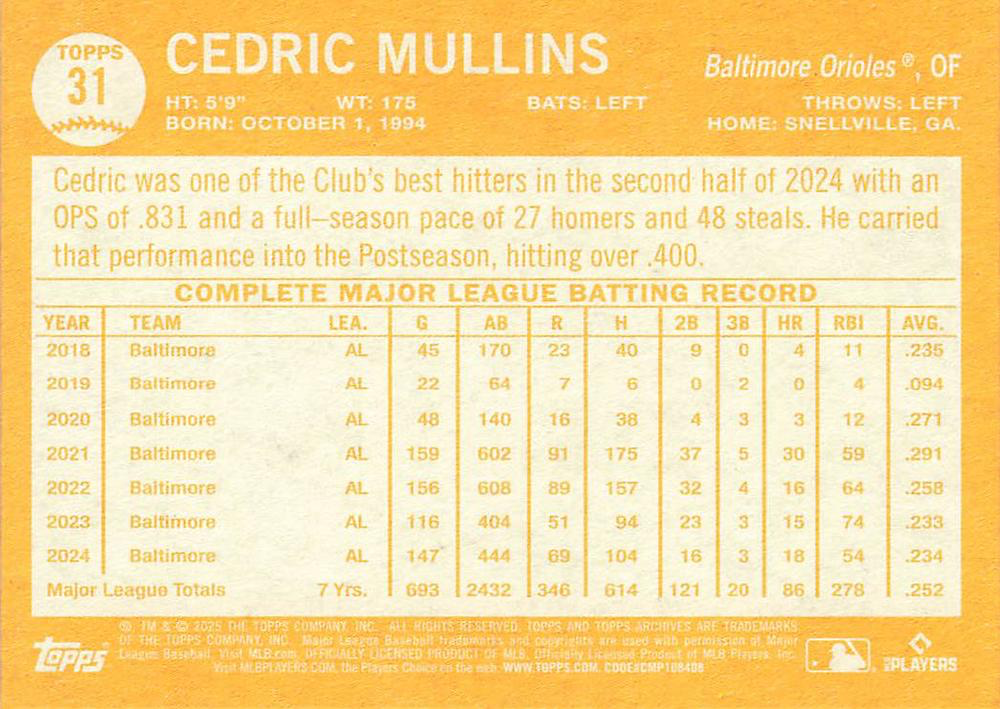 2025 Topps Archives Cedric Mullins #31 Baltimore Orioles