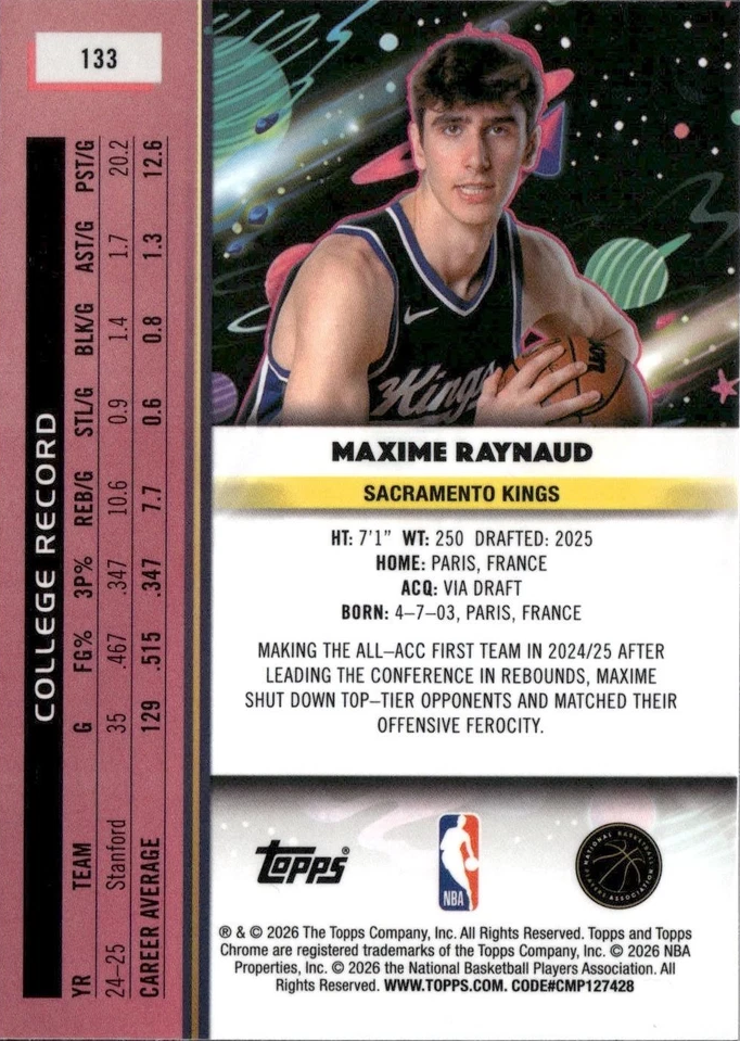 2025 Topps Chrome Cosmic Maxime Raynaud RC #133 Sacramento Kings