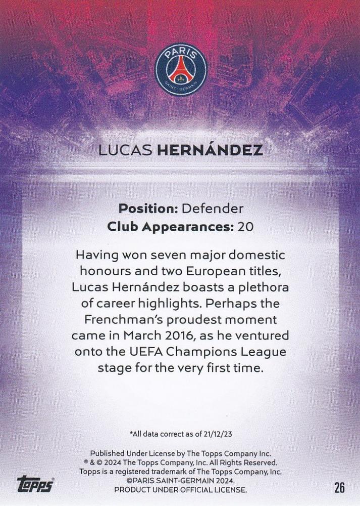 2023 Topps PSG Team Set Light Up Lucas Hernández #26 Paris Saint-Germain