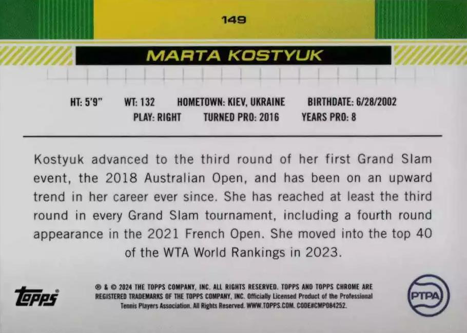 2024 Topps Chrome Tennis Marta Kostyuk RC #149