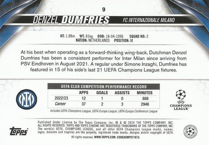 2023 Topps Chrome UEFA Club Competitions Denzel Dumfries #9 Inter Milan