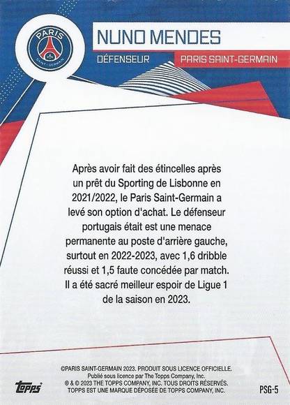 2023 Topps PSG Fan Set Nuno Mendes PSG-5 Paris Saint-Germain