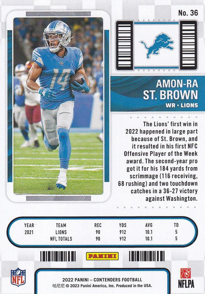2022 Panini Contenders Amon-Ra St. Brown #36 Detroit Lions