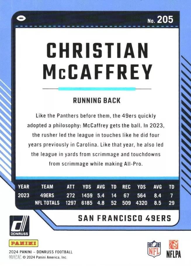 2024 Panini Donruss Christian McCaffrey San Francisco 49ers #205