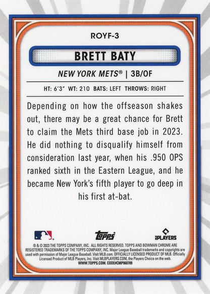 2023 Topps Bowman Chrome Rookie of the Year Favorites Brett Baty New York Mets #ROYF-3
