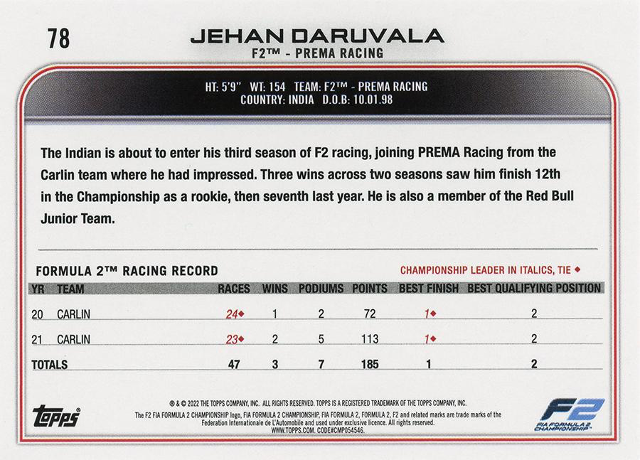 2022 Topps Formula 1 Jehan Daruvala #78 F2 Prema Racing