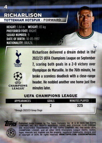 2022 Topps Stadium Club Chrome UCC Richarlison #4 Tottenham Hotspur
