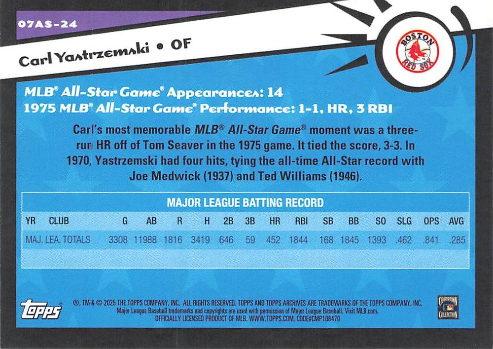 2025 Topps Archives 2007 Topps All-Stars Carl Yastrzemski #07AS-24 Boston Red Sox