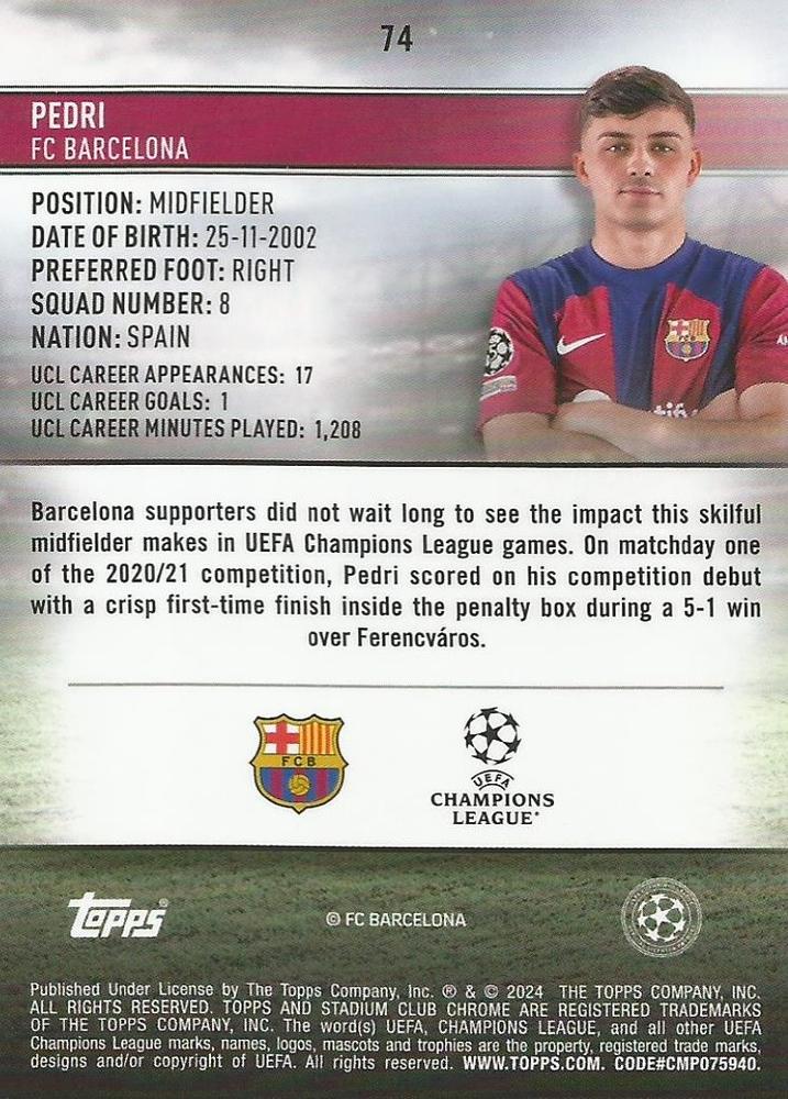 2023 Topps Stadium Club Chrome UCC Pedri #74 FC Barcelona