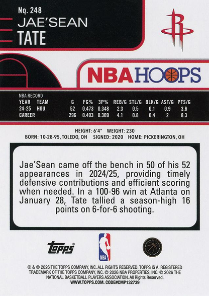 2025 Topps Hoops Jae'Sean Tate #248 Houston Rockets