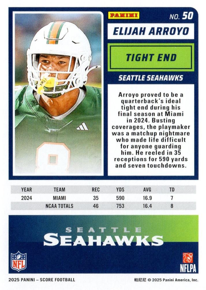 2025 Panini Score Elijah Arroyo RC #50 Seattle Seahawks