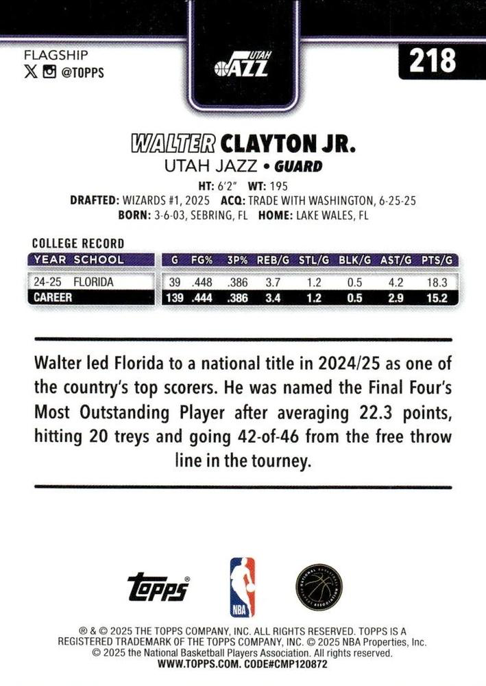 2025 Topps NBA Walter Clayton Jr. RC #218 Utah Jazz