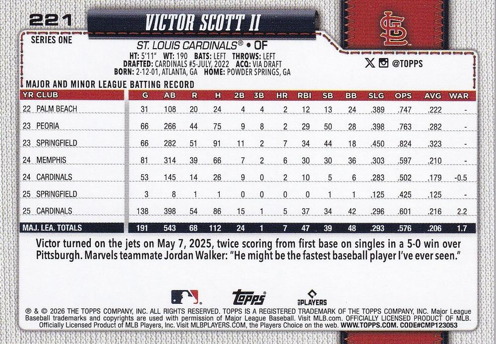 2026 Topps Series 1 Victor Scott II #221 St. Louis Cardinals