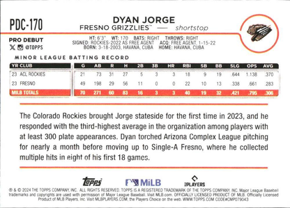 2024 Topps Pro Debut Chrome Refractor Dyan Jorge #PDC-170 Fresno Grizzlies
