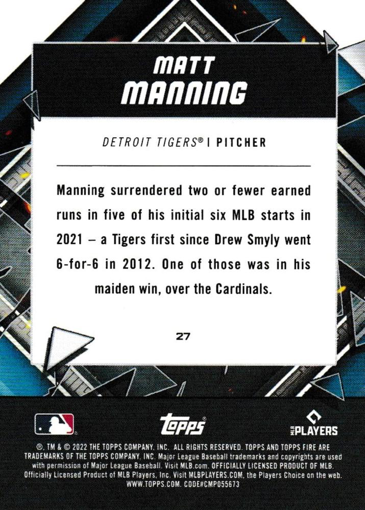 2022 Topps Fire Matt Manning RC Detroit Tigers #27