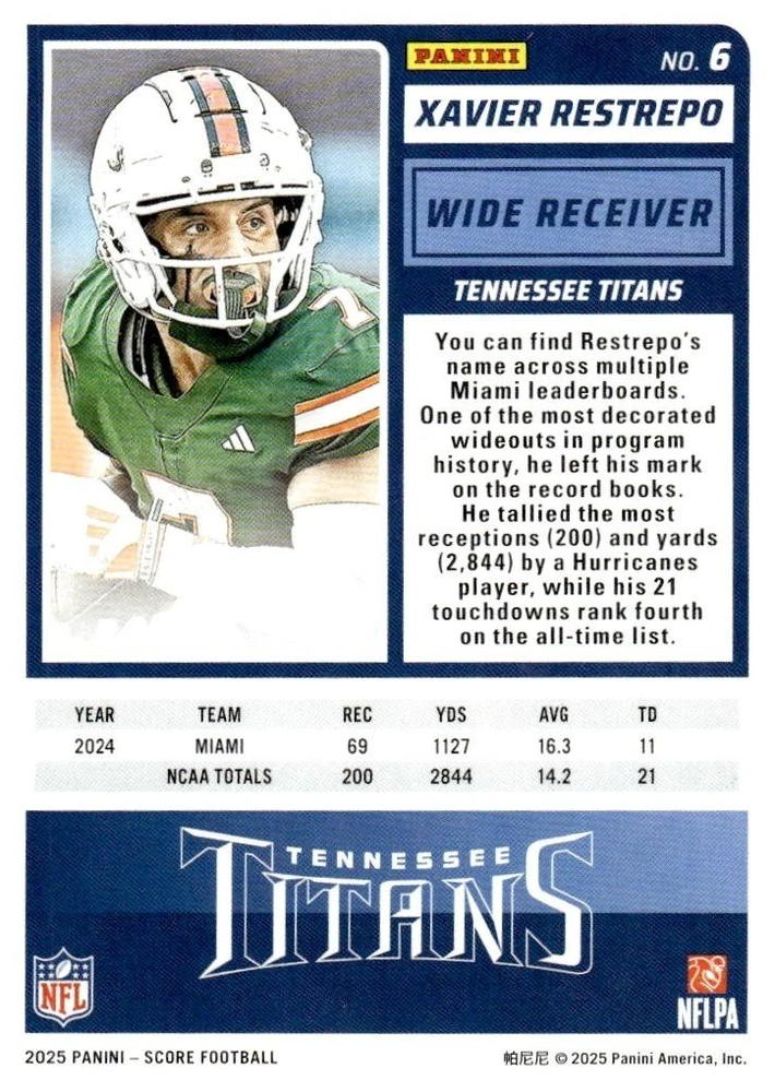 2025 Panini Score Xavier Restrepo RC #6 Tennessee Titans