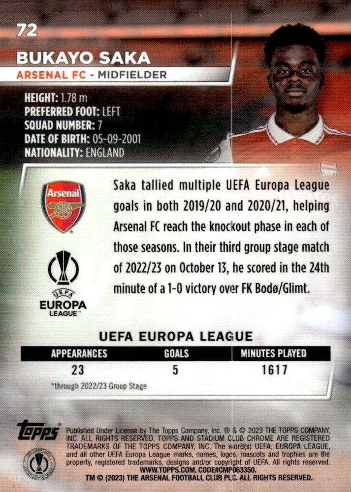2022 Topps Stadium Club Chrome UCC Bukayo Saka #72 Arsenal FC