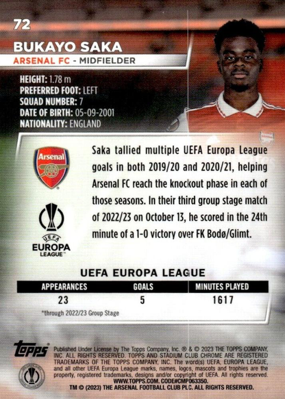 2022 Topps Stadium Club Chrome UCC Bukayo Saka #72 Arsenal FC