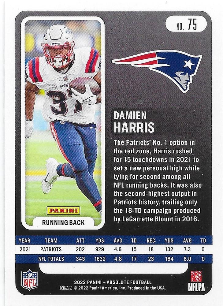 2022 Panini Absolute Damien Harris #75 New England Patriots