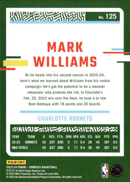 2023 Panini Donruss Mark Williams #125 Charlotte Hornets