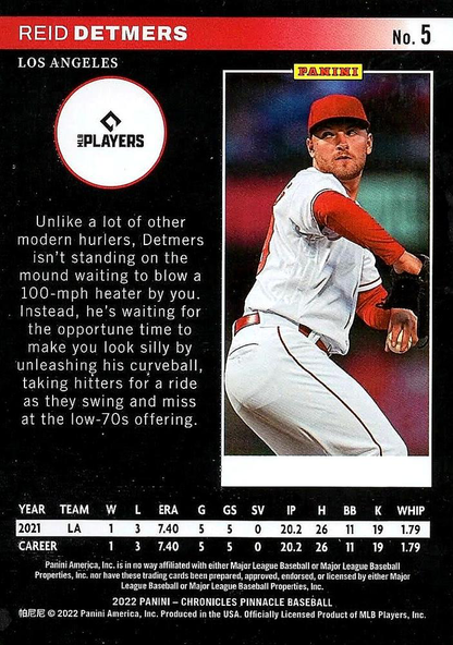 2022 Panini Chronicles Pinnacle Reid Detmers RC Los Angeles Angels #5