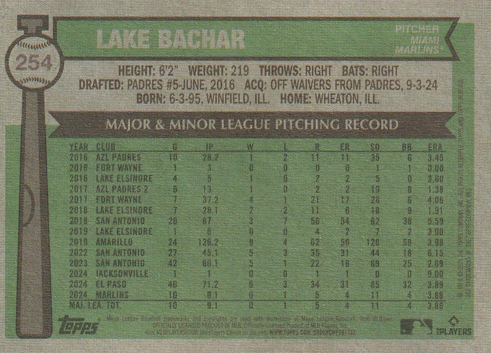 2025 Topps Heritage Lake Bachar RC #254 Miami Marlins
