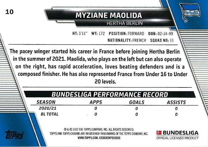 2021 Topps Chrome Bundesliga Myziane Maolida RC #10 Hertha BSC Berlin