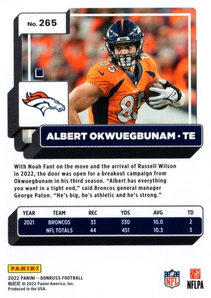 2022 Panini Donruss Albert Okwuegbunam #265 Denver Broncos
