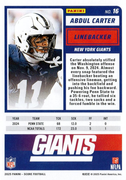 2025 Panini Score Abdul Carter RC #16 New York Giants