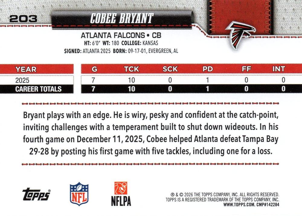 2026 Topps Flagship Cobee Bryant #203 Atlanta Falcons