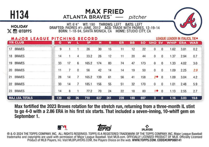 2024 Topps Holiday Max Fried Atlanta Braves #H134