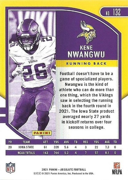 2021 Panini Absolute Retail Kene Nwangwu RC #132 Minnesota Vikings